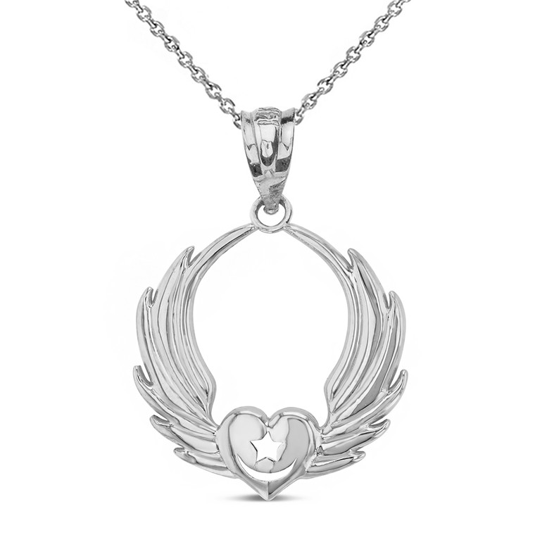 Solid White Gold Winged Heart with Star & Crescent Islam Sufi Order Pendant Necklace