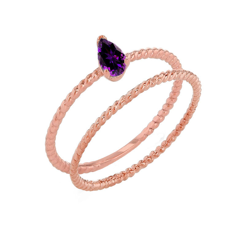 Modern Dainty Genuine Amethyst Pear Shape Rope Ring Stacking Set in Rose Gold