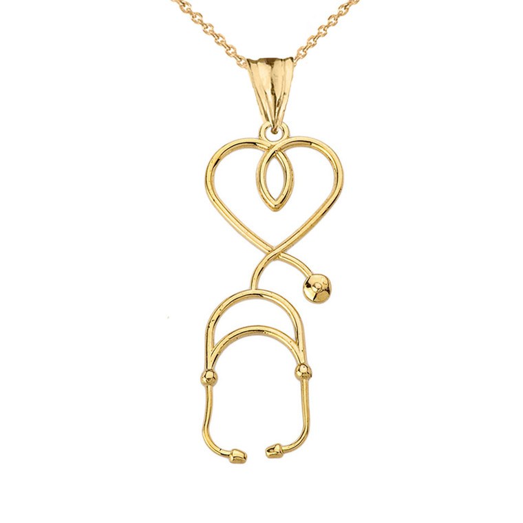 Stethoscope Heart Pendant Necklace in Yellow Gold