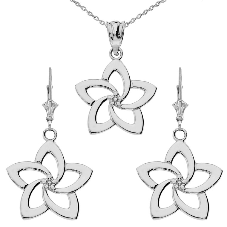 14K Flower Pendant Necklace Set in White Gold