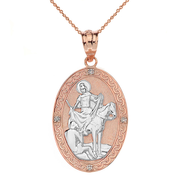 Solid Two Tone Rose Gold Engravable Diamond Saint Martin of Tours Pray For Us Oval Pendant Necklace  (1.20")