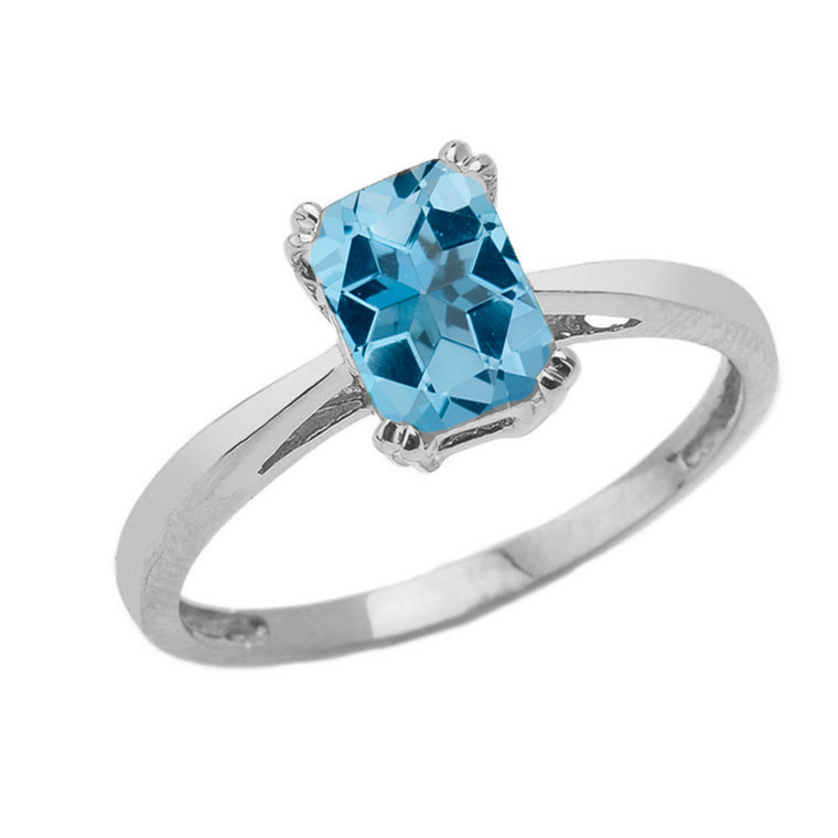 1 CT Emerald Cut Blue Topaz Solitaire Ring in White Gold