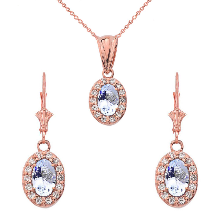 Diamond and Aquamarine Oval Pendant Necklace and Earrings Set in 14k Rose Gold