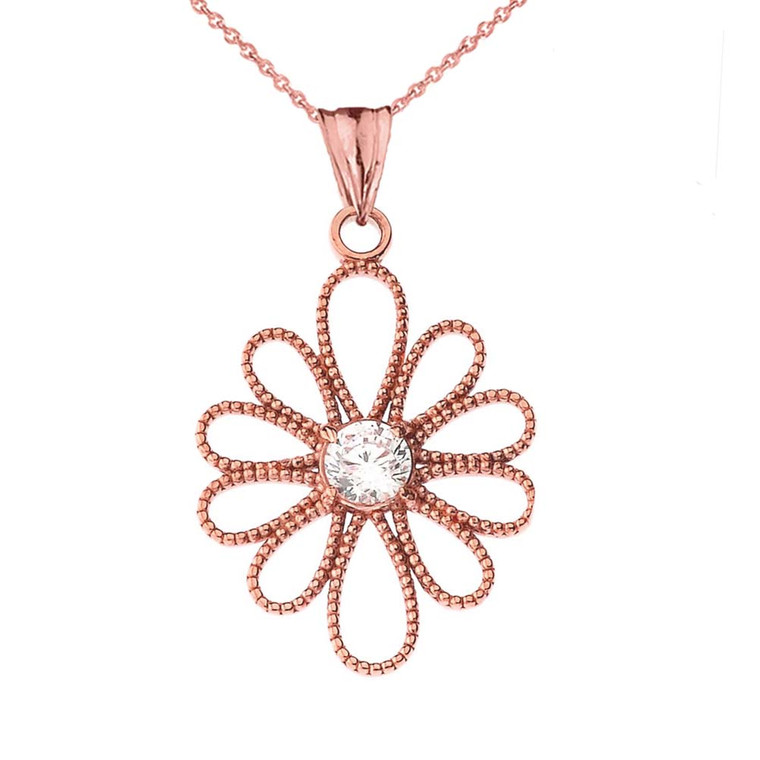 Designer Milgrain Flower Pendant Necklace in Rose Gold