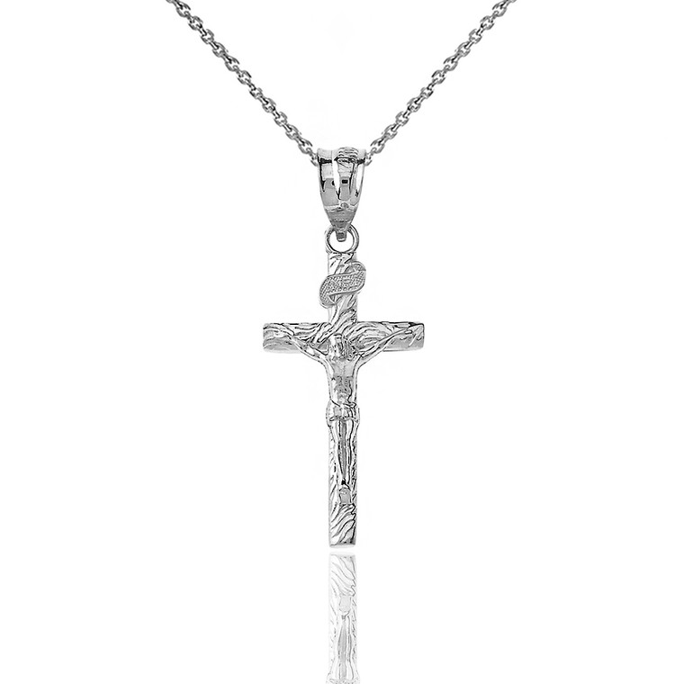 Sterling Silver INRI Jesus of Nazareth Crucifix with Wooden Texture Pendant Necklace (Small)