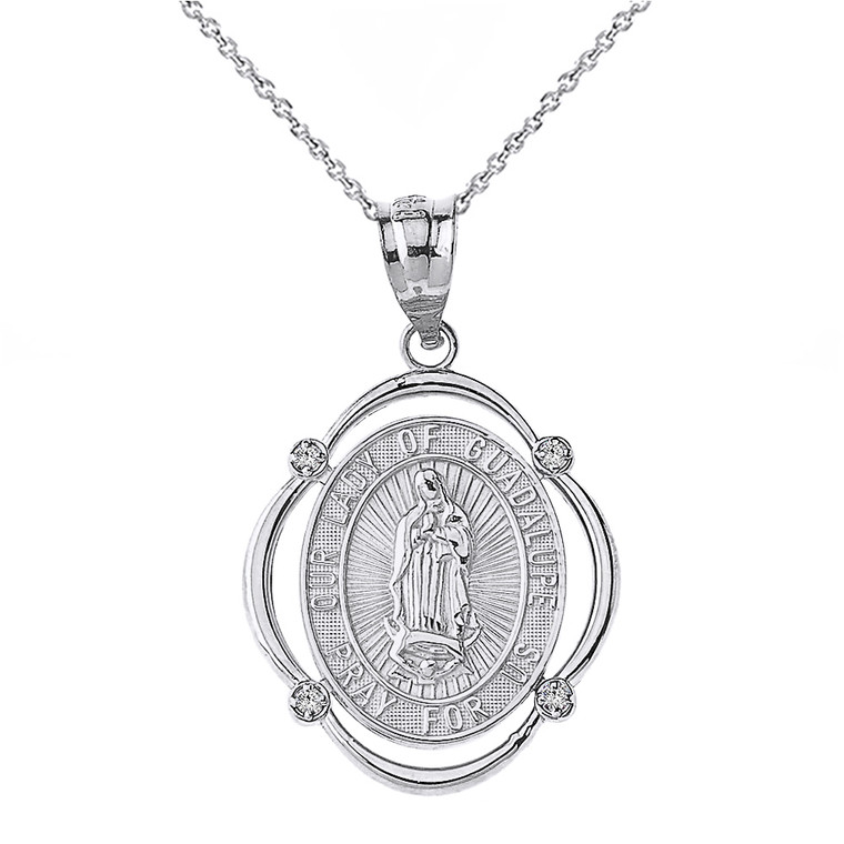 Solid White Gold Our Lady of Guadalupe Pray For Us Diamond Oval Frame Pendant Necklace