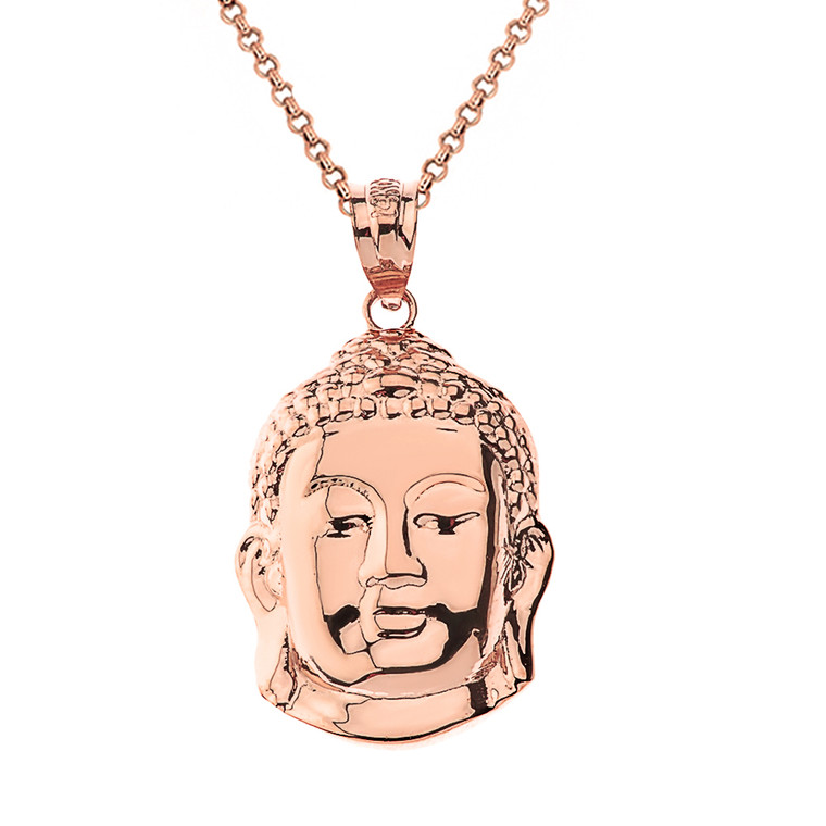 Solid Rose Gold Zen Buddha Head Pendant Necklace