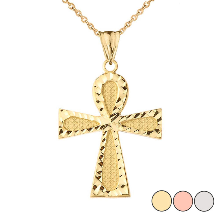 Sparkle Cut Ankh Cross Pendant Necklace in Gold (Yellow/Rose/White)
