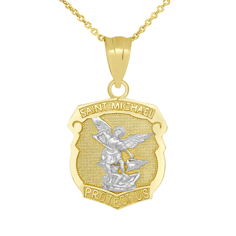 Saint Michael Protect Us Shield Pendant Necklace in Two Tone Yellow Gold
