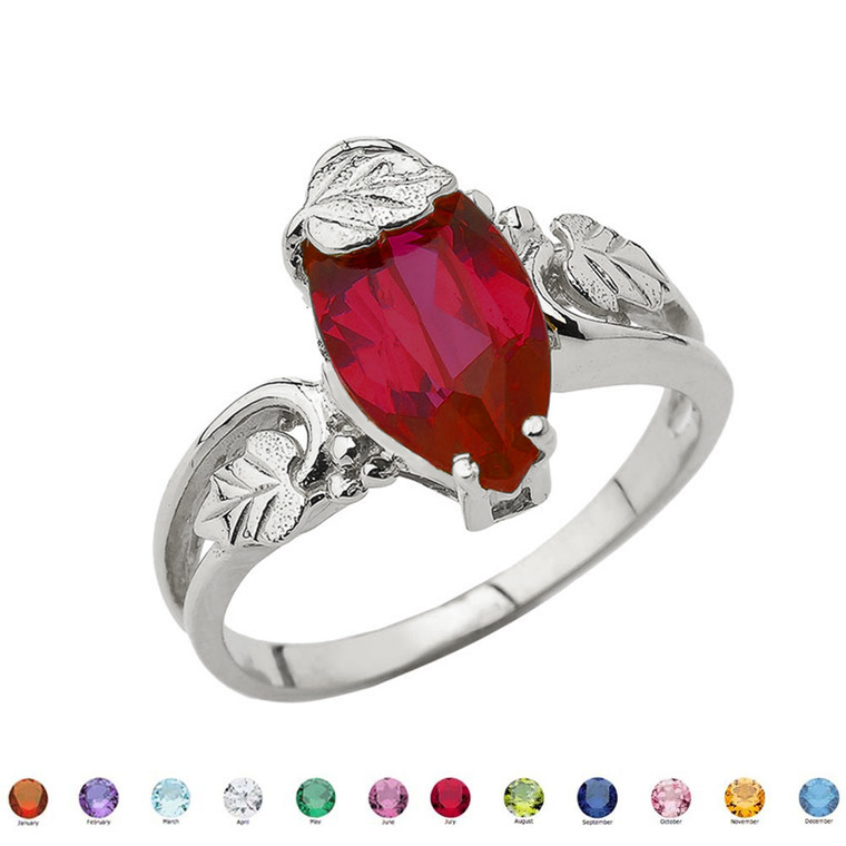 Marquise Leaf Ring With Personalized (LC) Birthstone In 14K White Gold