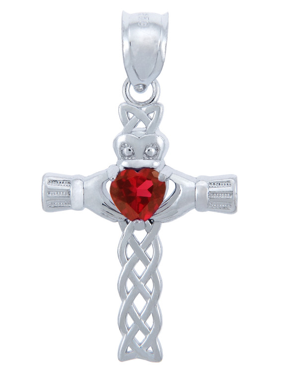 Silver Celtic Cross Pendant with Garnet CZ Heart