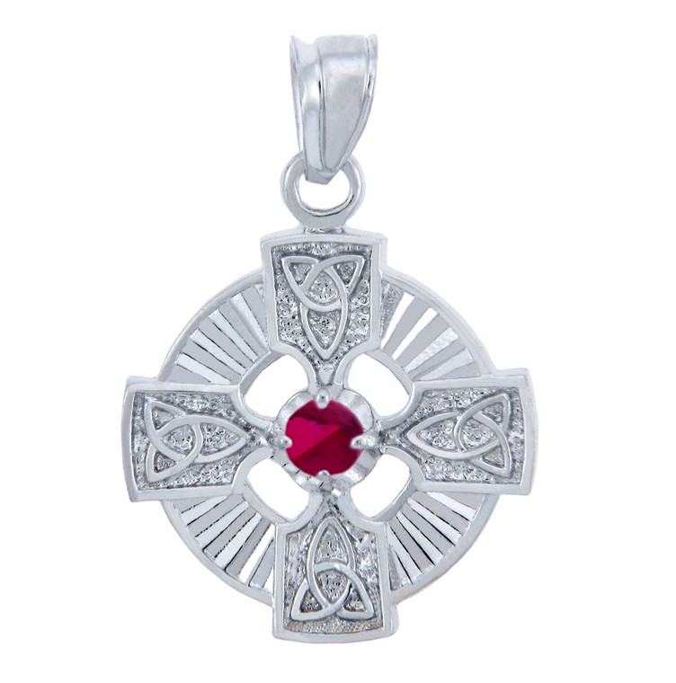 Silver Celtic Trinity Pendant with Ruby CZ Stone