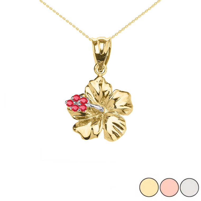 Caribbean Hibiscus (Malvaceae) Ruby Dainty Pendant Necklace In Gold (Yellow/Rose/White)