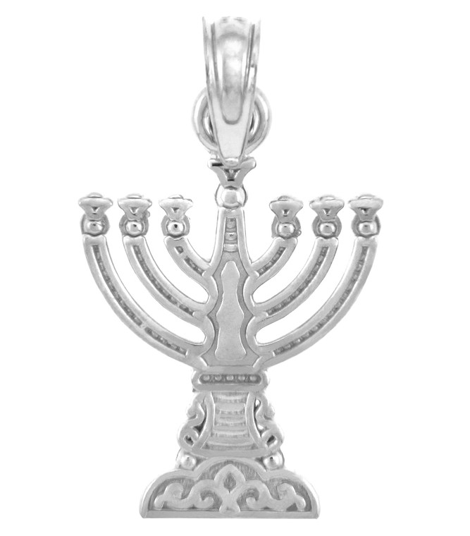 Jewish Gold Pendants - White Gold Menorah Pendant Small