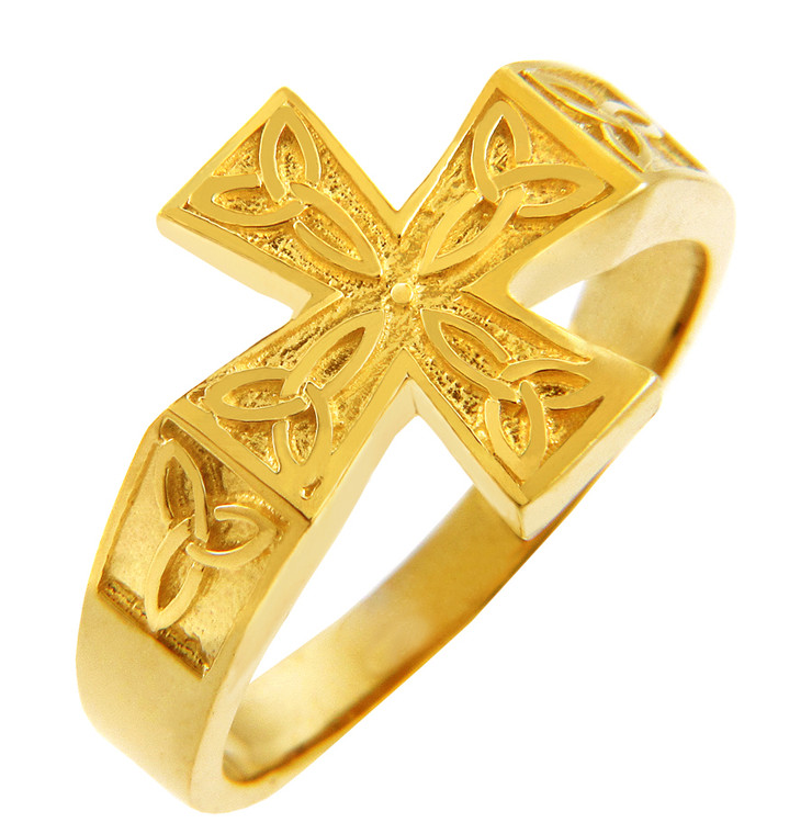 Yellow Gold Men's Celtic Trinity Cross Ring.  Available in your choice of 14k or 10k gold.