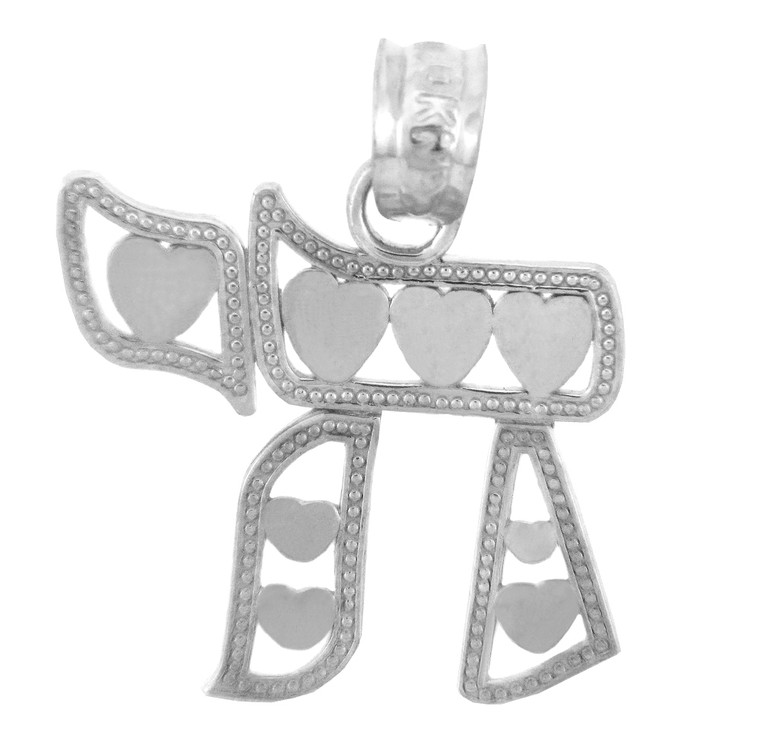 Jewish Charms and Pendants - 14K White Gold Chai With Hearts