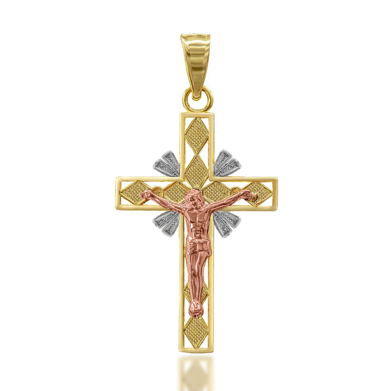 Tri-Tone Gold Crucifix Cross Pendant Necklace  in Gold