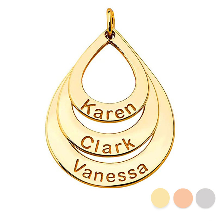 Gold Personalized Teardrop Charm Pendant Necklace Engraved with Any 3 Names(Yellow/Rose/White)