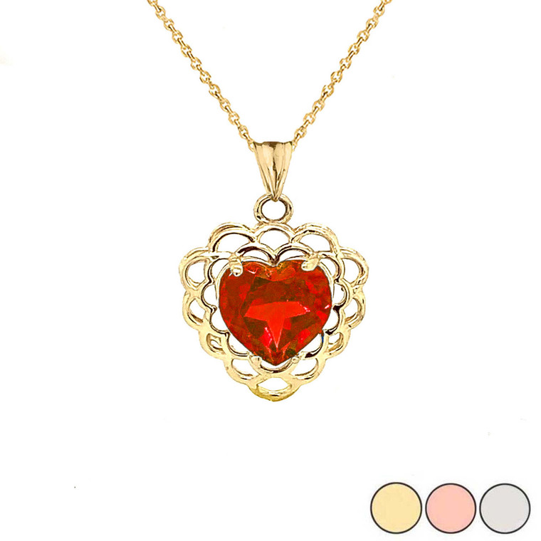 July Birthstone Filigree Heart-Shaped Pendant Necklace in Gold (Yellow/Rose/White)