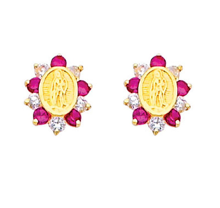 14K Yellow Gold Our Lady Of Guadalupe Ruby Studded Earrings