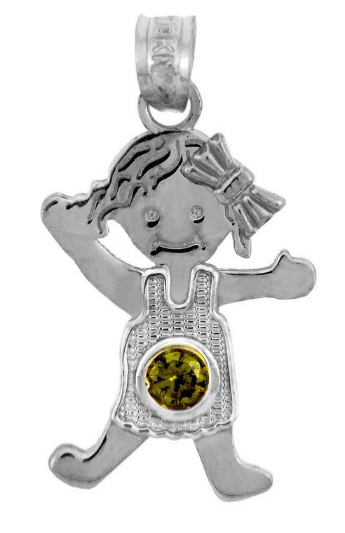 White Gold Baby Charms and Pendants - CZ Light Green Gem Girl  Birthstone Charm