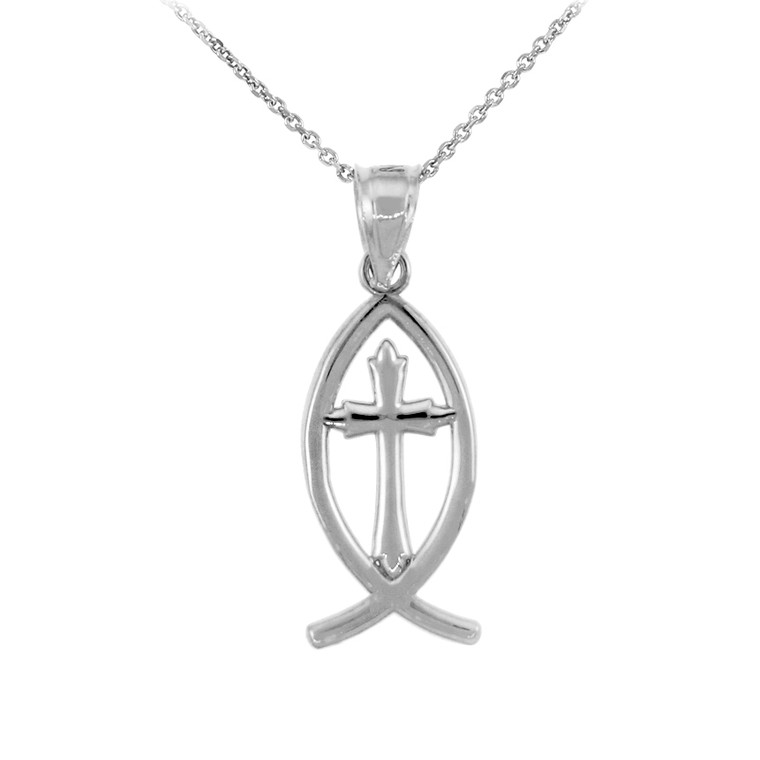 925 Sterling Silver Ichthus Cross Pendant Necklace