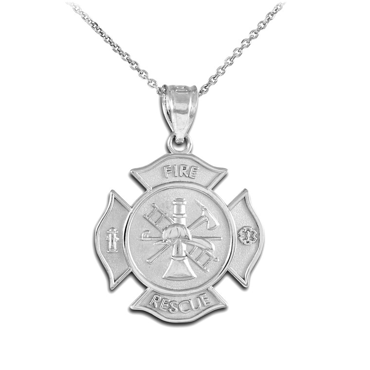 White Gold Firefighter Fire Rescue Badge Pendant Necklace