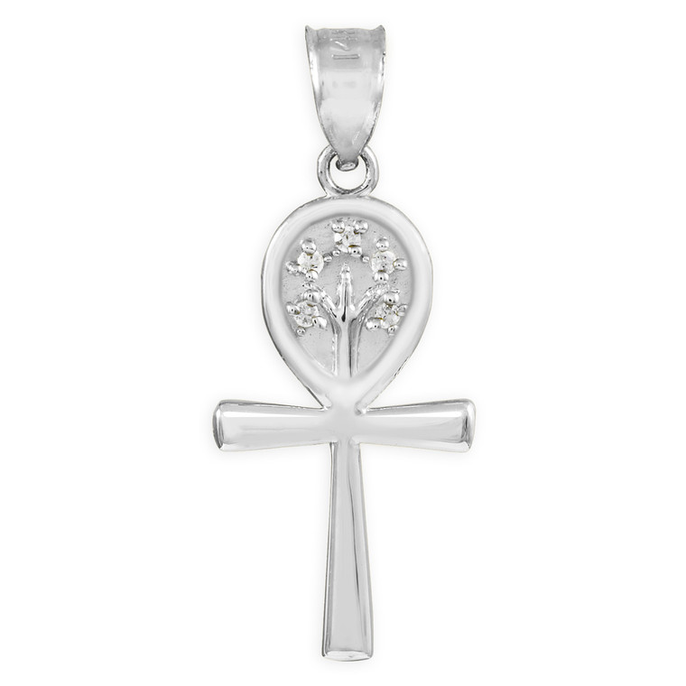 White Gold Ankh Cross Tree of Life CZ Pendant Necklace