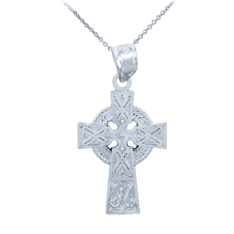 White Gold Celtic Charm Gaelic Cross Pendant Necklace