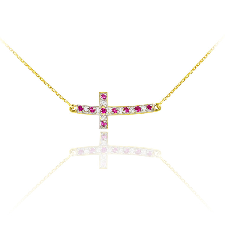 14K Yellow Gold Sideways Red & Clear CZ Curved Cross Necklace (0.35")