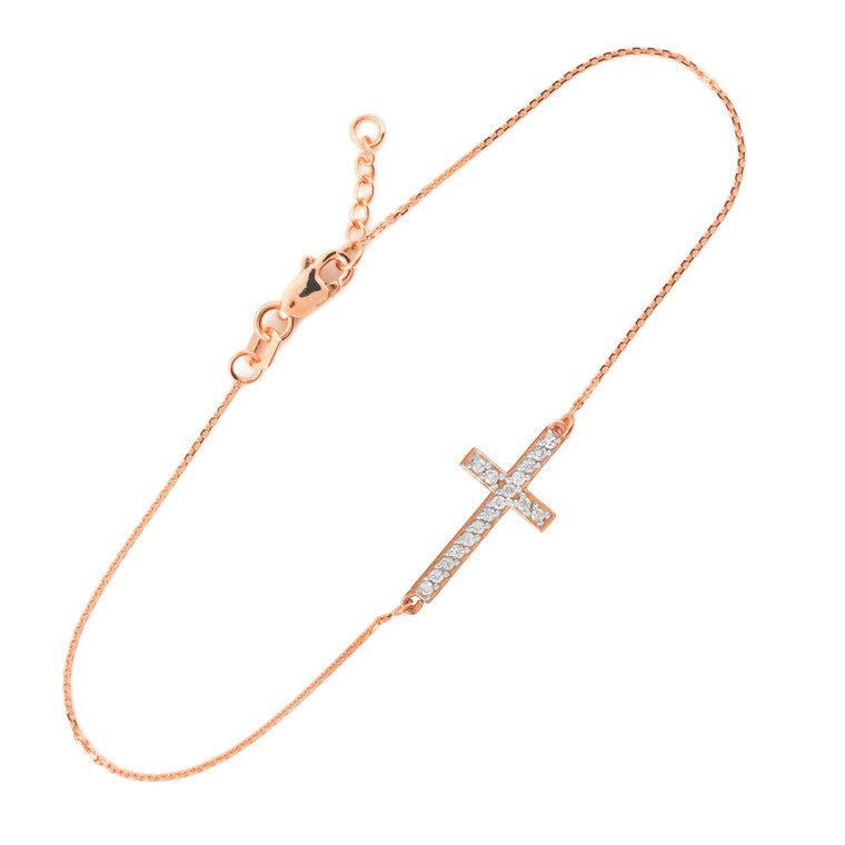 14K Rose Gold Sideways Cross Cute CZ Bracelet
