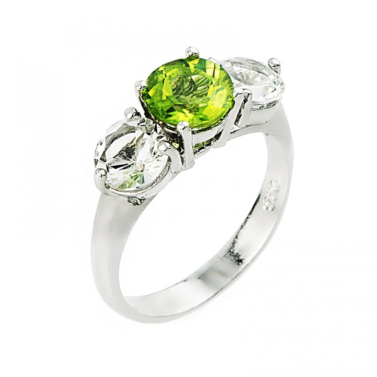 Peridot and white topaz gemstone ladies ring in 925 sterling silver.