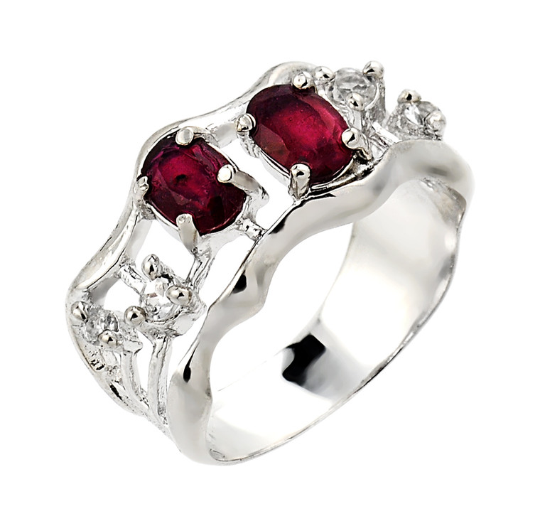 Ruby and white topaz gemstone ladies ring in 925 sterling silver.