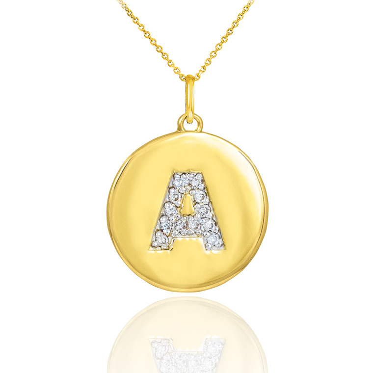 Letter "A" disc pendant necklace with diamonds in 10k or 14k yellow gold.