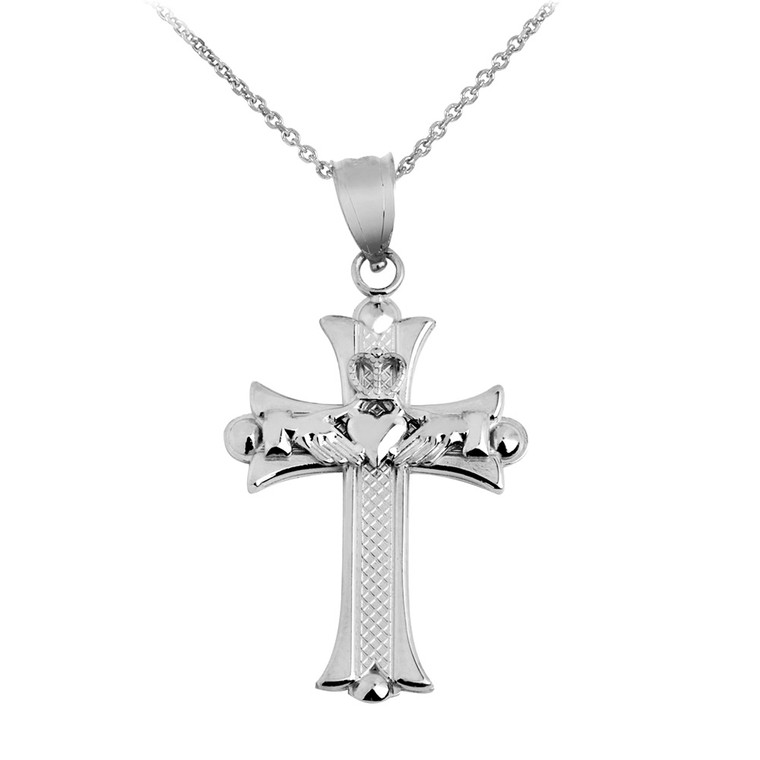 Claddagh Cross White Gold Pendant Necklace