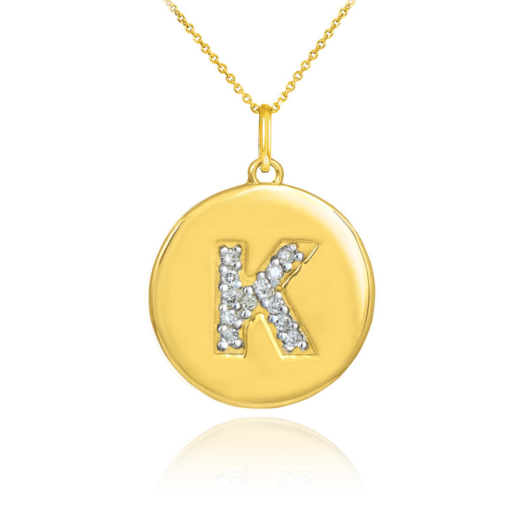 Letter "K" disc pendant necklace with diamonds in 10k or 14k yellow gold.