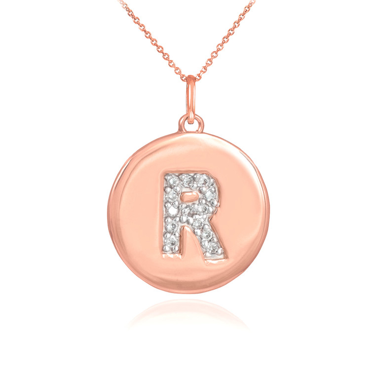14k Rose Gold Letter "R" Initial Diamond Disc Pendant Necklace