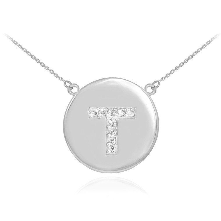 14k White Gold Letter "T" Initial Diamond Disc Necklace