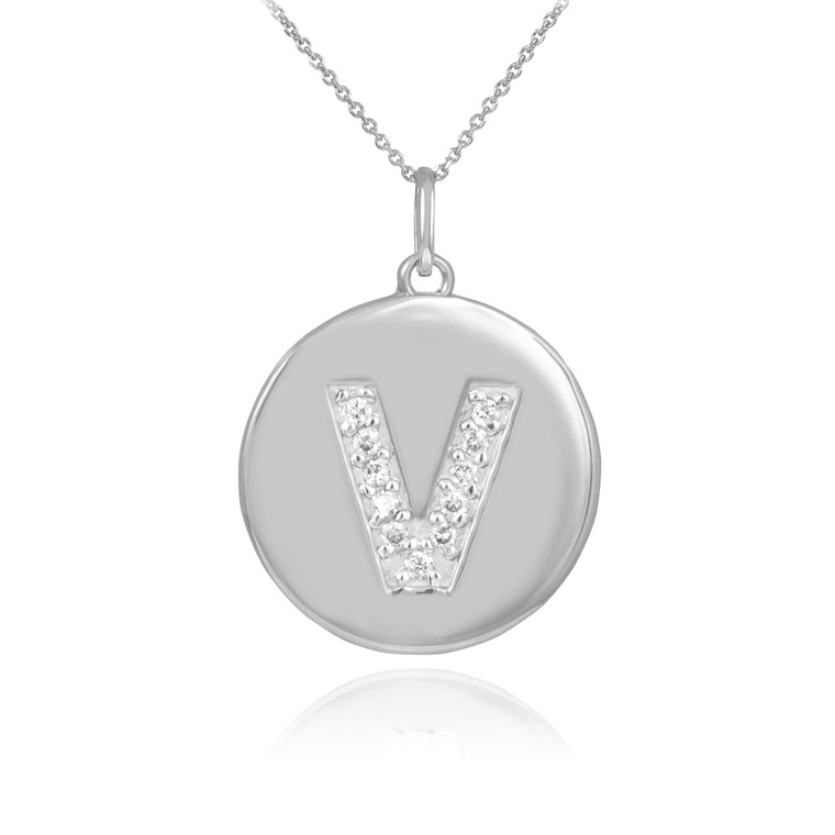 White Gold Letter "V" Initial Diamond Disc Pendant Necklace