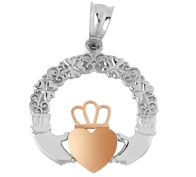 White Gold Claddagh Pendant Yellow Pink
