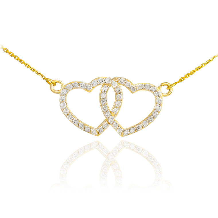 14K Gold CZ Studded Double Heart Necklace