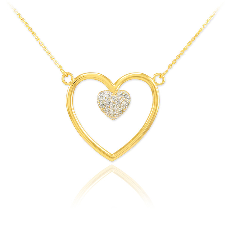 14K Polished Gold Open Heart Diamond Pave Heart Enclosure Necklace