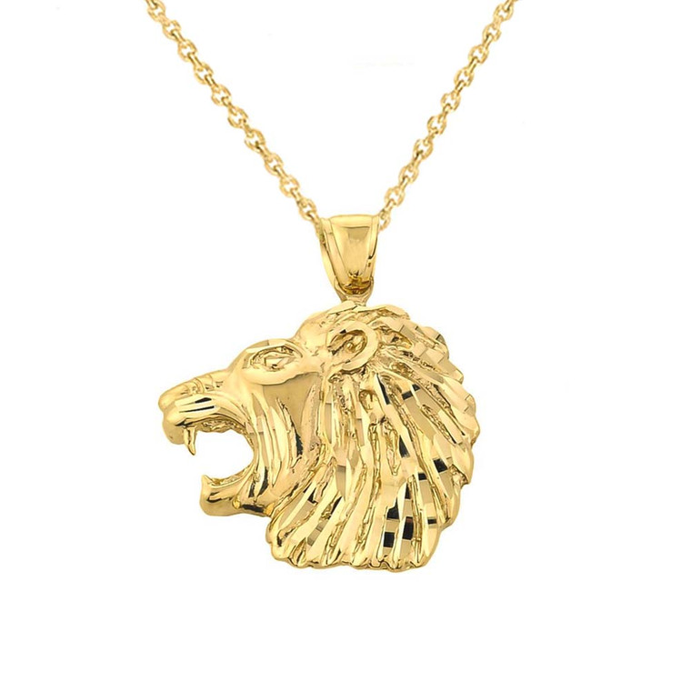Solid Gold Diamond Cut Lion Head Pendant