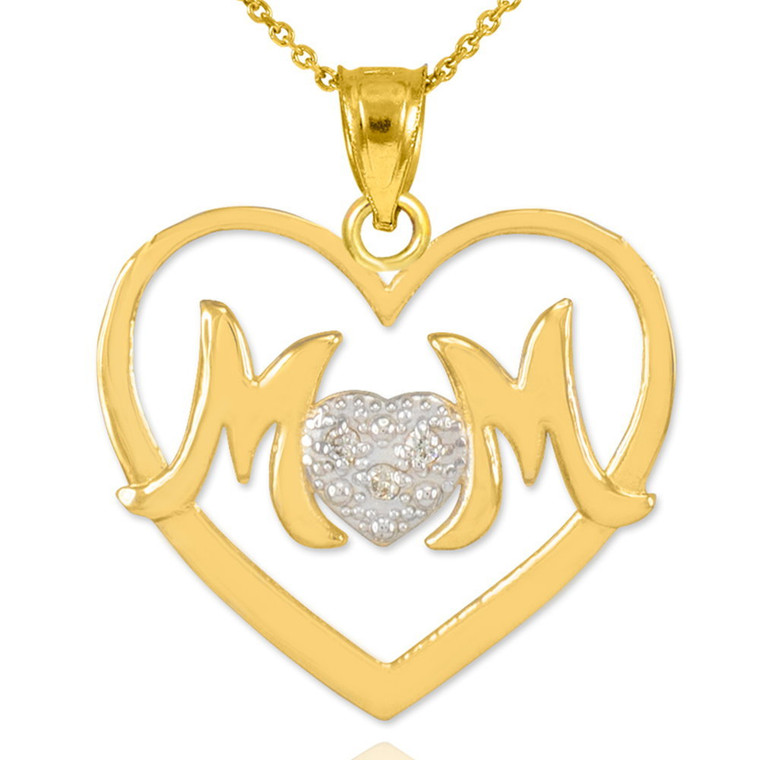 14K Yellow Gold Mom Diamond Heart Mother's Pendant Necklace