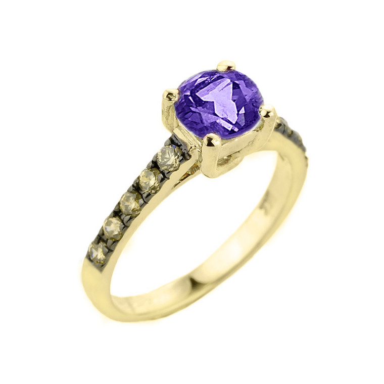 Yellow Gold Amethyst and Diamond Solitaire Ring