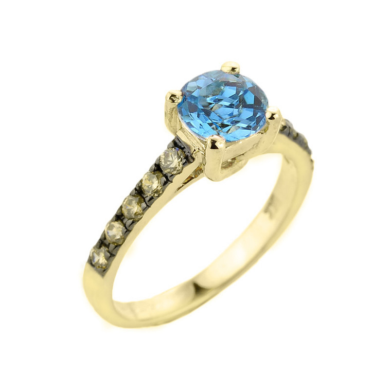 Yellow Gold Blue Topaz and Diamond Solitaire Ring