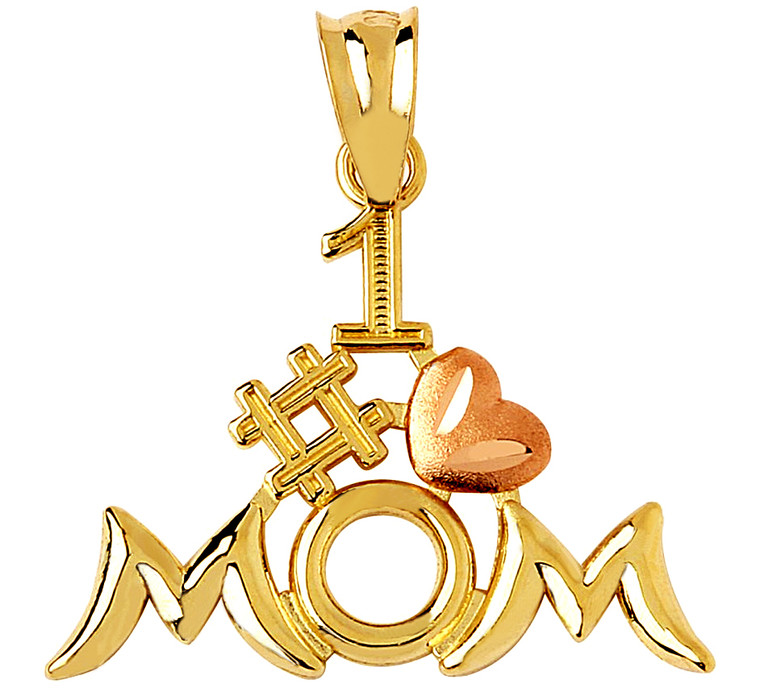 #1 Mom pendant with pink heart in gold.
