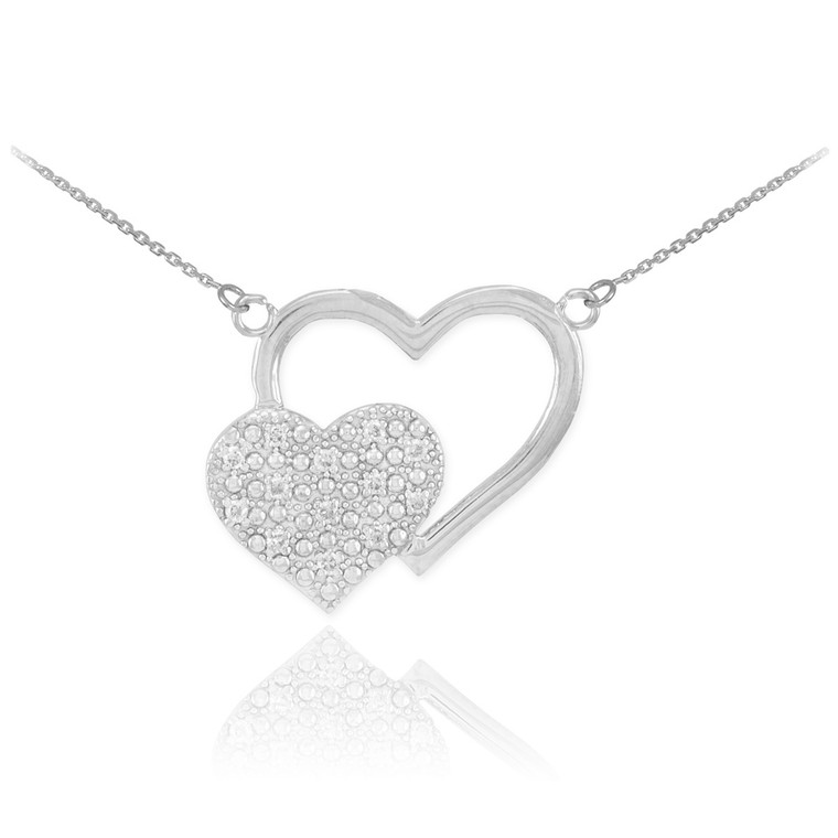 14k White Gold Pave Diamond Twin Hearts Necklace