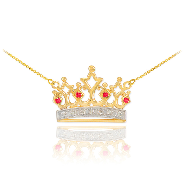 14K Yellow Gold Ruby Royal Crown Necklace with Diamonds