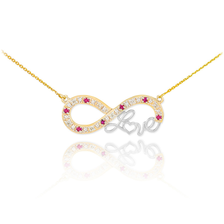 14k Two-Tone Gold Ruby Infinity "Love" Script Necklace with Diamonds